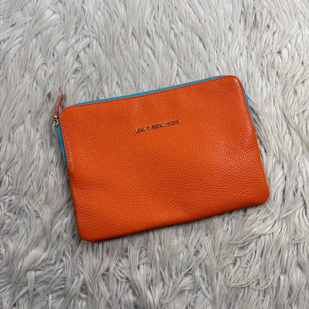 Jim Thompson Orange Pebble Leather Zip Top Pouch Clutch Wallet Dopamine
